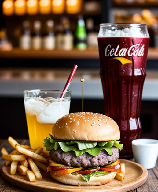 Foto comida fotos una hamburguesa y papas fritas en un plato de madera con una bebida