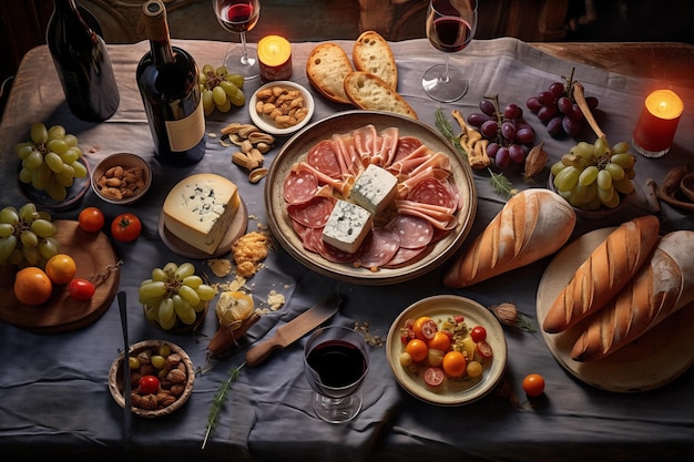 Comida francesa en una mesa de madera