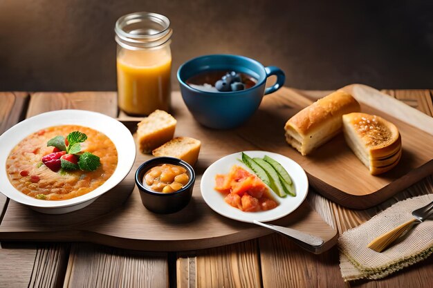 una comida de frijoles horneados y pan sobre una mesa de madera.