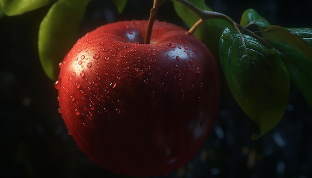 Comida de frutas con hojas de manzana saludable comer gota madura generada por inteligencia artificial