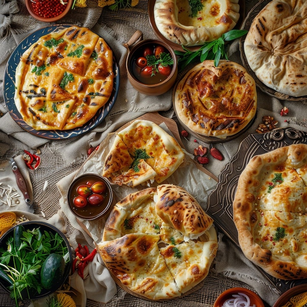 Comida georgiana Adjarian Khachapuri Pratos colocados Kutabs Chebureks em pano de mesa rústico Burlap fundo