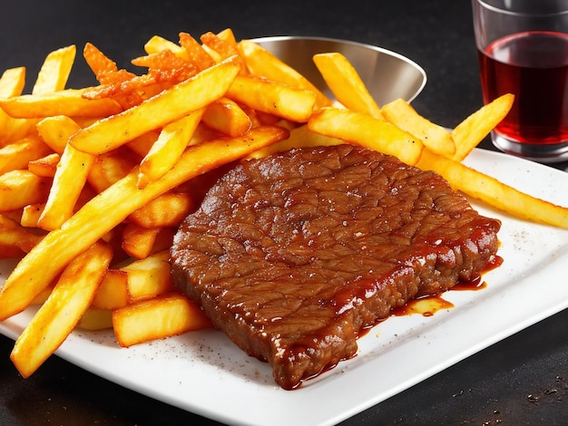 Una comida gourmet de carne frita y papas fritas generadas