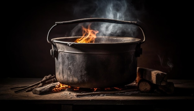 Foto comida gourmet cocinada en hierro fundido incandescente generada por ia