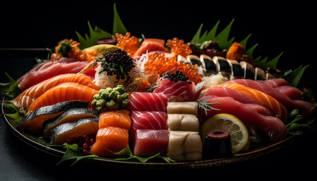 Foto una comida gourmet de mariscos nigiri maki sushi y sashimi frescos generados por ia