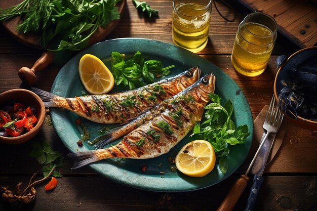 Una comida gourmet de mariscos a la parrilla en una mesa de madera rústica