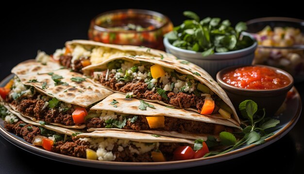 Comida gourmet mexicana carne de res guacamole tomate cilantro tortilla especia generada por IA