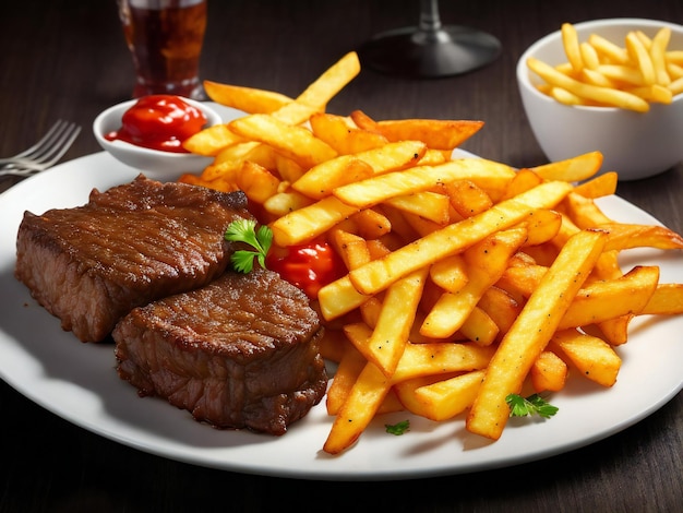 Una comida gourmet de ternera frita y patatas fritas generadas ai