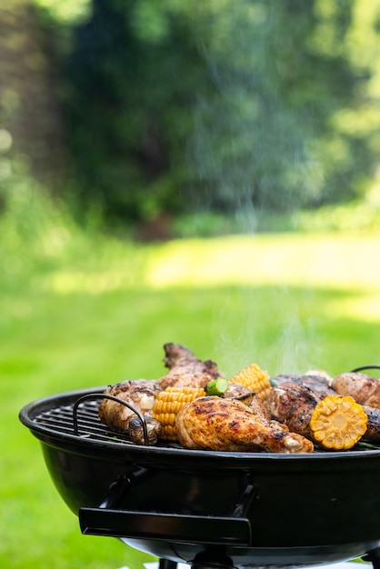 Comida grelhada no piquenique de verão para churrasco a carvão no jardim do quintal