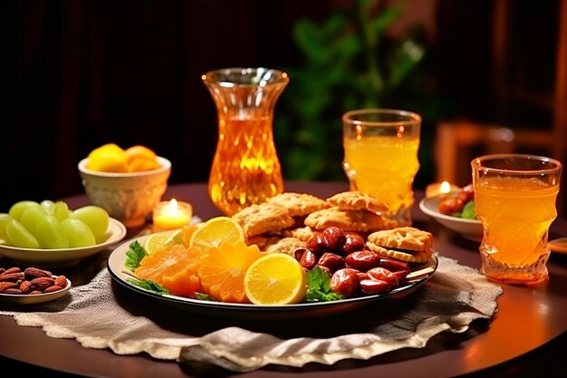 comida habitual del Ramadán como jugo de dátiles y samosa, etc. en la mesa para el iftar del ayuno de Ramadán