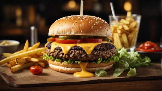 comida de hamburguesa con papas fritas