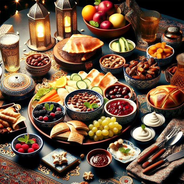 Foto comida de iftar y comida vespertina de mesa para el ramadán imagen de fondo