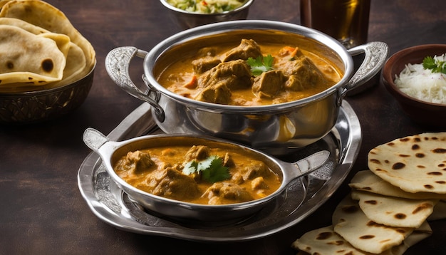 Una comida india con dos cuencos de sopa y un vaso de cerveza