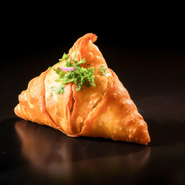 Comida india fresca samosa en un fondo oscuro