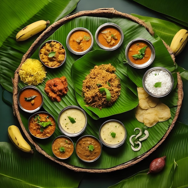 Foto comida india en hoja de plátano