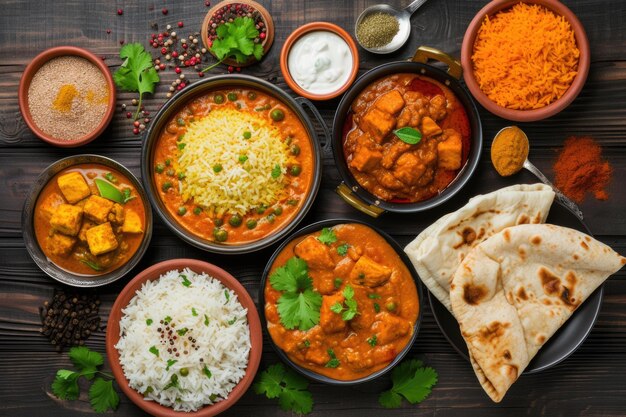 Comida india variada sobre un fondo de madera oscura