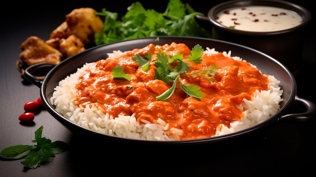 comida indiana frango masala curry com arroz e legumes