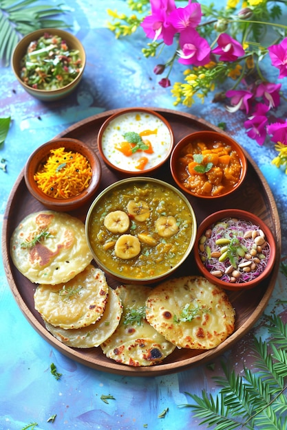 Comida indiana variada em fundo escuro Pratos com diferentes pratos da culinária indiana