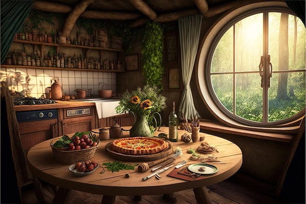 Comida interior de casa de fantasia na mesa na cozinha em Hobbit Home generative AI