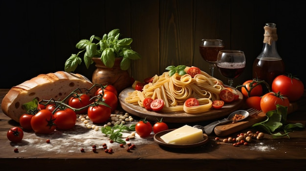 Comida italiana aislada en una mesa de madera