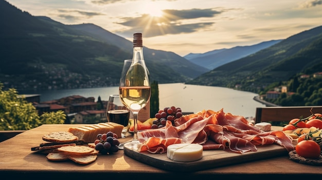 Foto comida italiana en un hermoso pueblo italiano con una copa de vino en las montañas la puesta de sol al fondo