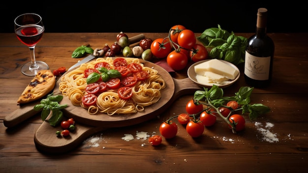 Comida italiana isolada em mesa de madeira