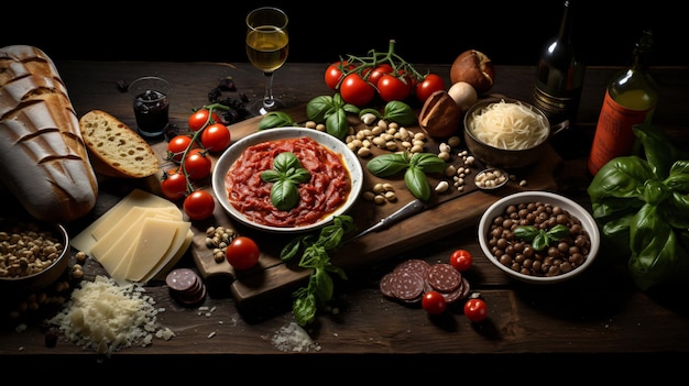 Comida italiana isolada na mesa de madeira