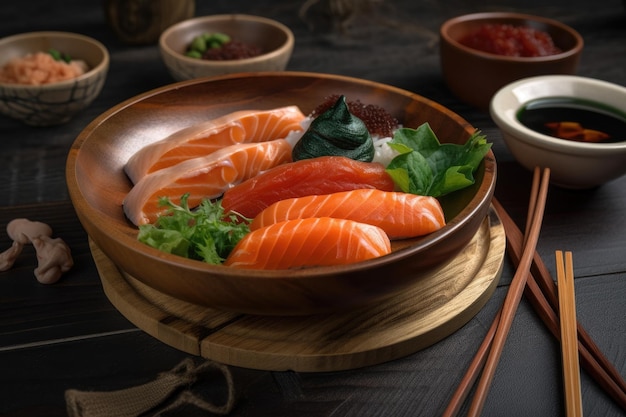 Comida japonesa Cocina asiática En un plato circular de madera con sushi Fondo de piedra