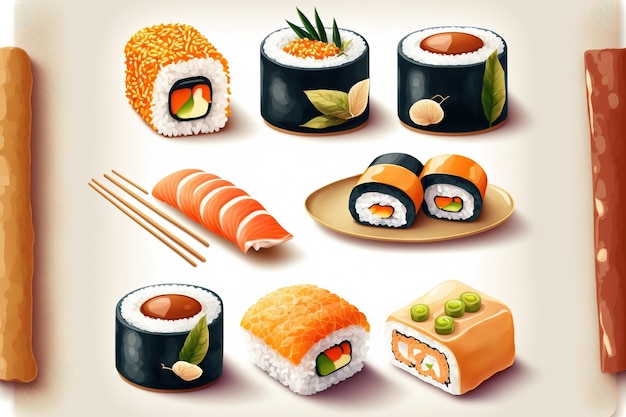 Comida japonesa Conjunto de rollos y sushi sobre un fondo blanco.