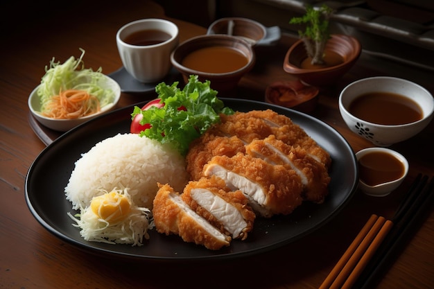 Foto comida japonesa de katsu curry con arroz y verduras