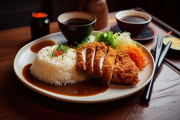 Foto comida japonesa de katsu curry con arroz y verduras