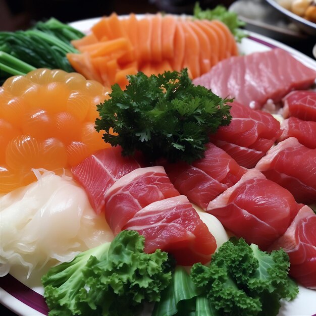 Foto comida japonesa misturada com sashimi em um prato ai generative