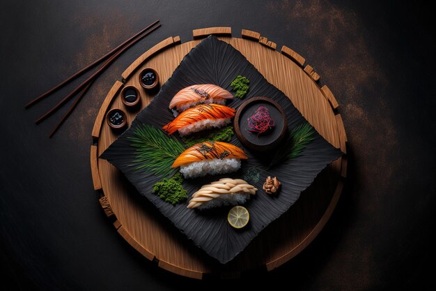 Comida japonesa En un plato de madera con un fondo de piedra oscura hay sushi