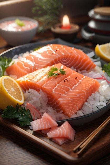 Comida japonesa realista salmón sashimi crudo