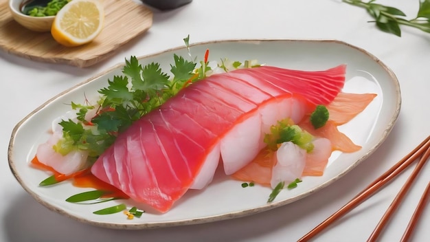 Comida japonesa sashimi de bass cru em prato estilo japonês em fundo branco