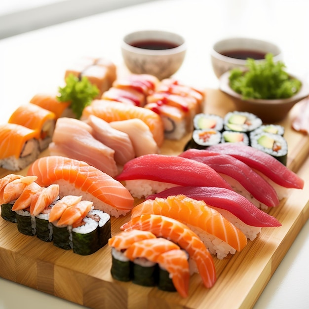 Comida japonesa Sushi y Nigiri Sushi Set en plato de madera