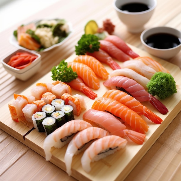 Comida japonesa Sushi y Nigiri Sushi Set en plato de madera