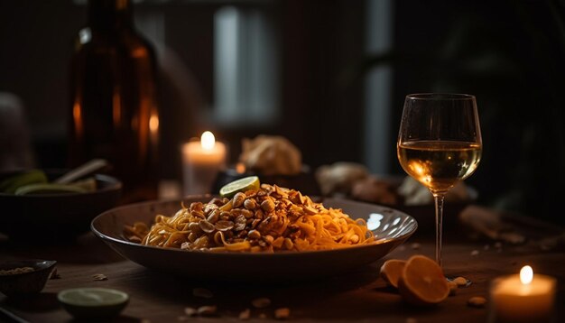 Comida de lujo en una mesa de madera rústica con vino generado por IA