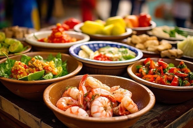 Comida de mar ceviche platos de comida variados peru mesa de buffet de comida de confort tradicional