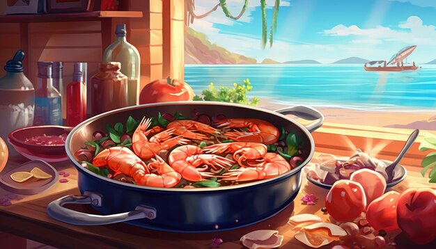 Comida de mariscos que consiste en camarones cocidos Ilustración AI generativa