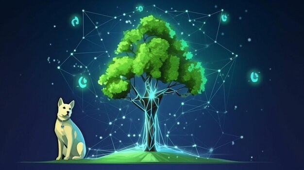 Comida para mascotas Un árbol digital poligonal futurista brillante con brotes y código binario