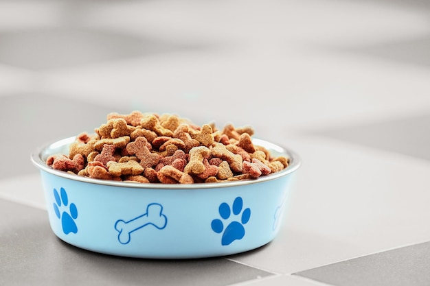 Comida para mascotas en un recipiente de metal en el suelo