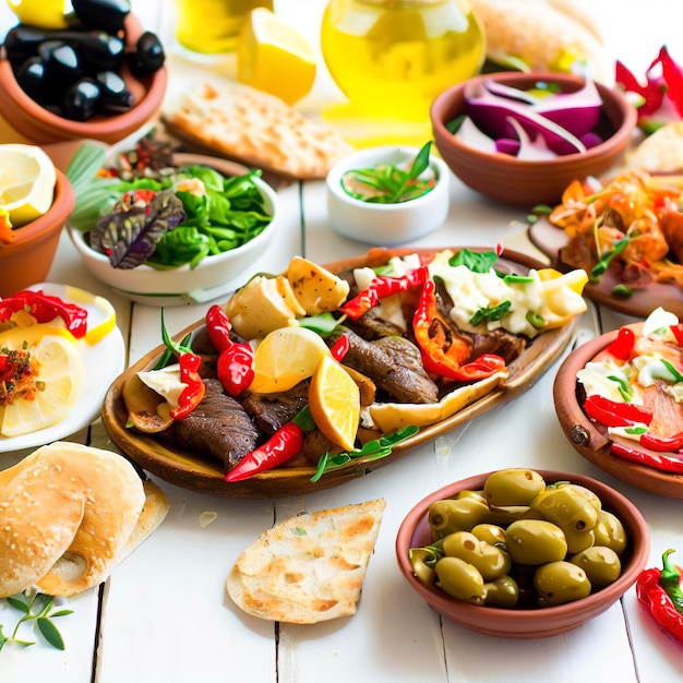 Comida mediterránea sobre un fondo rústico de madera blanca