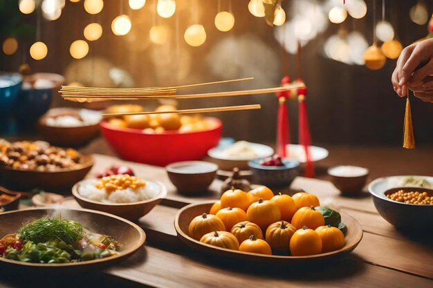 Comida en una mesa con un árbol de Navidad al fondo.