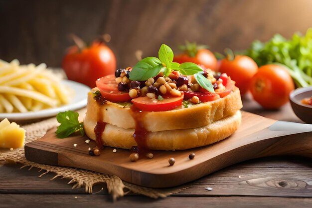 Comida en una mesa de madera con tomates y queso.