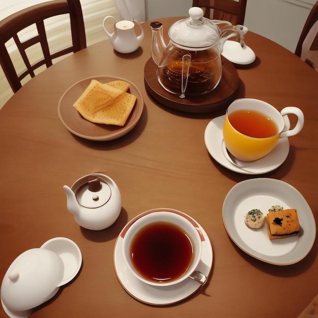 Comida en la mesa con una taza de té