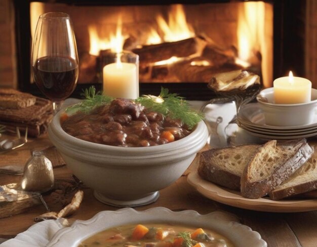 Comida en la mesa vino y bocadillo en una mesa de madera cerca de la chimenea