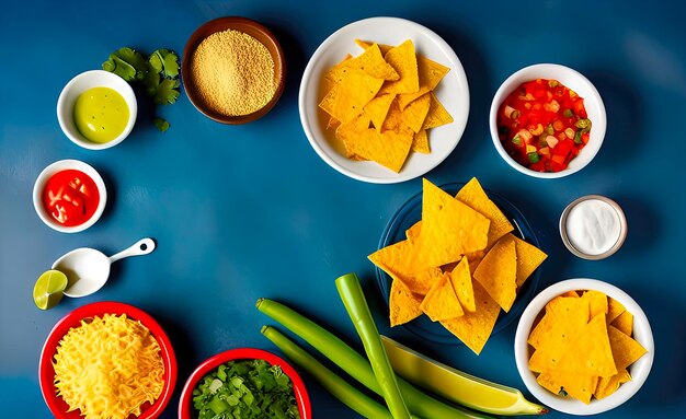 Foto comida mexicana fresca con ingredientes de nachos para cocinar platos mexicanos con espacio de copia vacío