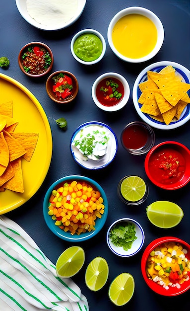 Foto comida mexicana fresca con ingredientes de nachos para cocinar platos mexicanos con espacio de copia vacío