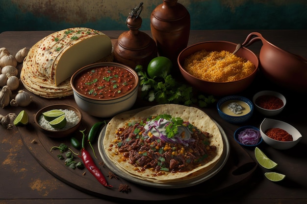 Comida mexicana, incluindo tacos artesanais de birria