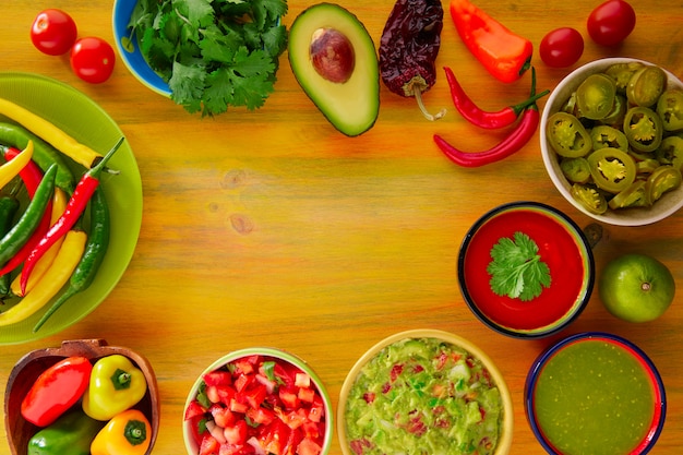 Foto comida mexicana mezcla de guacamole nachos con salsa de chile